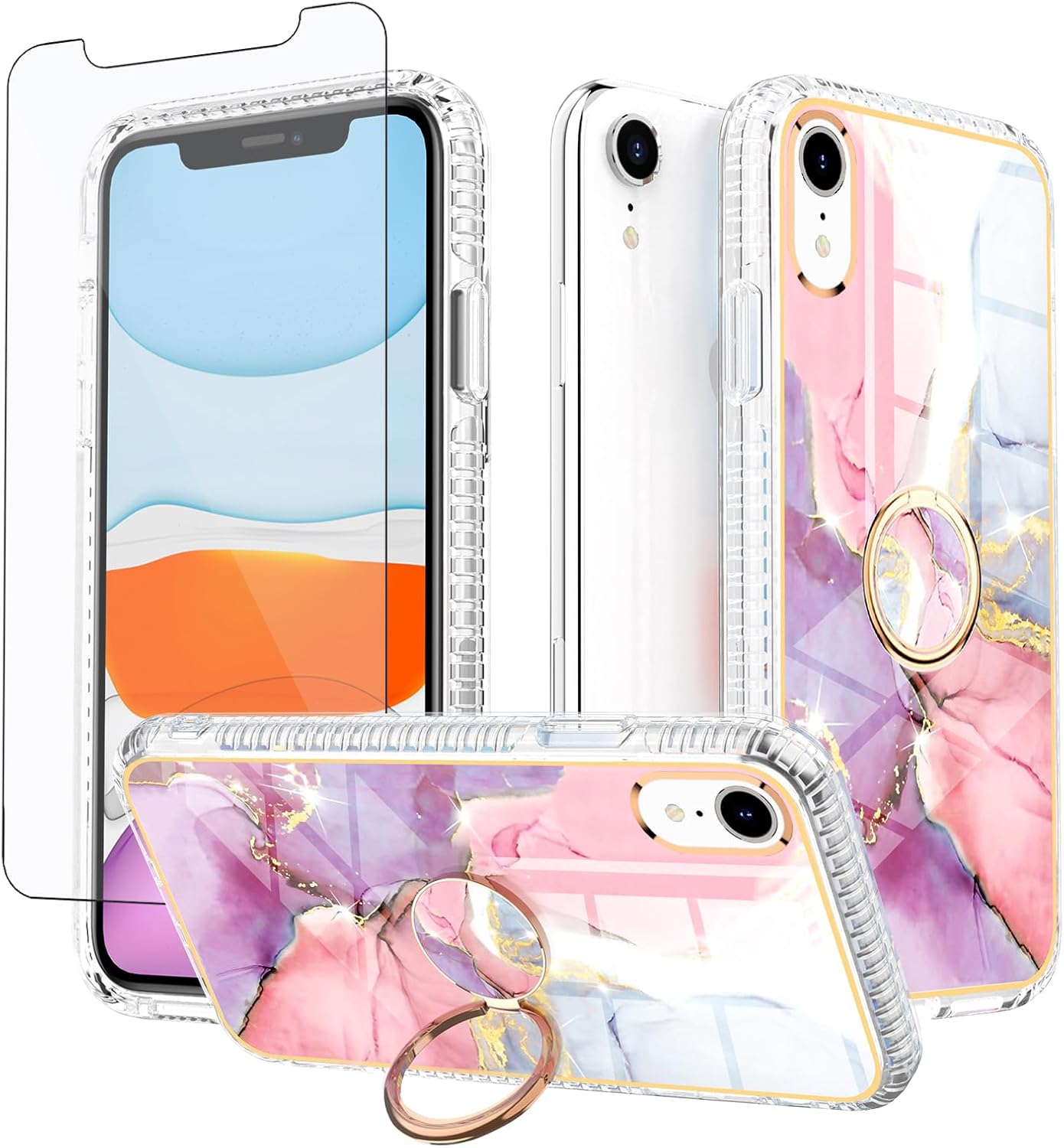 Asuwish Funda de teléfono para iPhone XR 6.1 con protector de pantalla y soporte de anillo de mármol, a prueba de golpes, TPU silicona, resistente