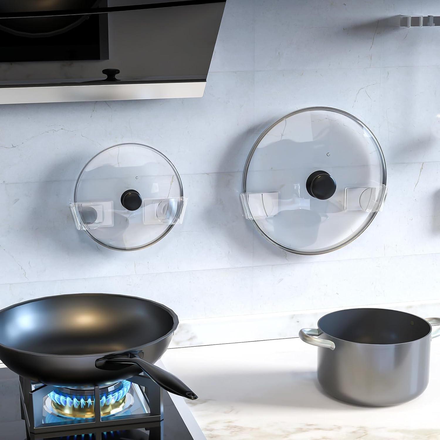 NiHome 6 organizadores de tapas acrílicas para ollas de pared con adhesivo avanzado de nano-gel, soporte para tapa de olla con elegante diseño