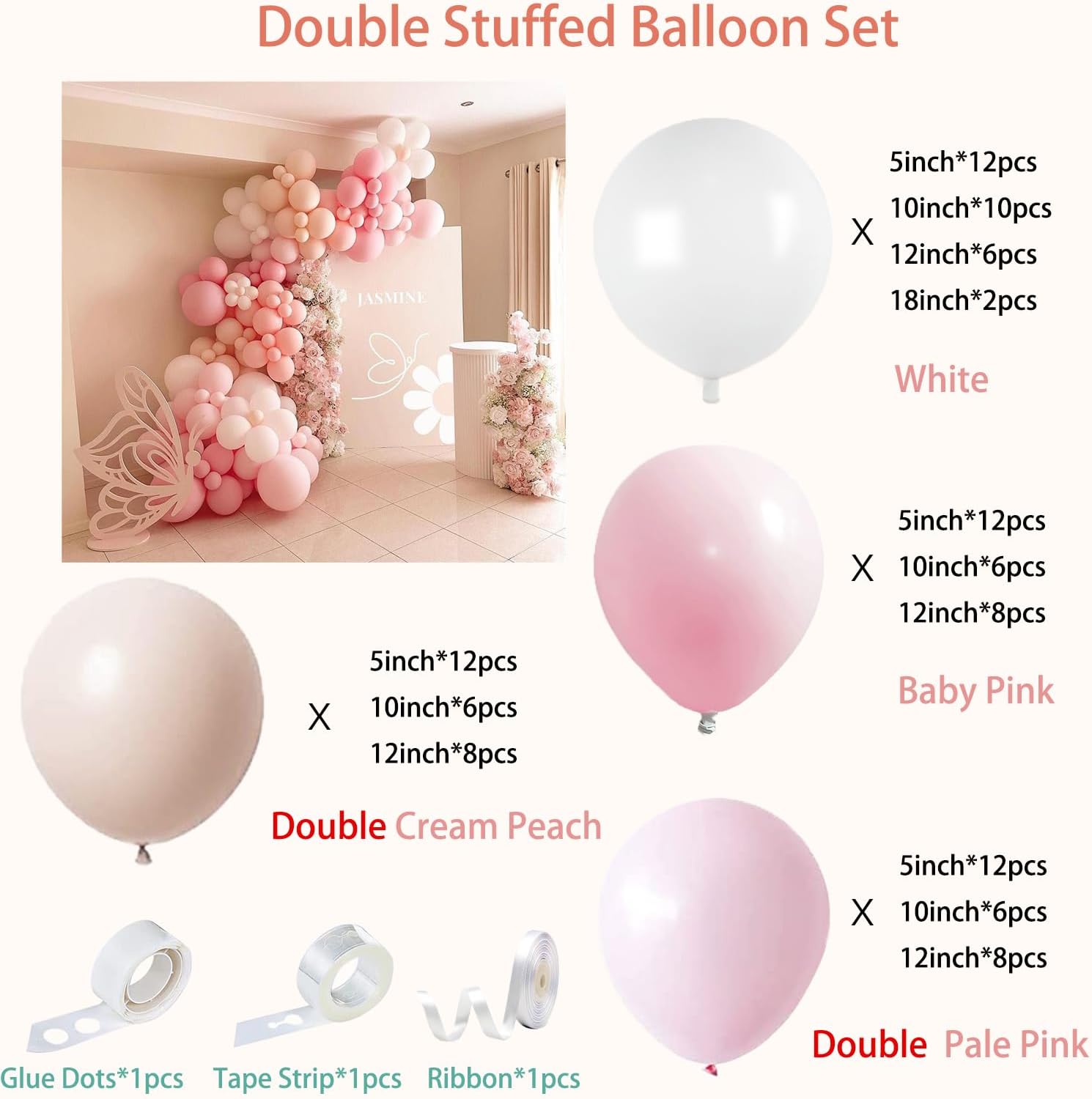 Kit de arco de guirnalda de globos rosados, globo de látex de doble relleno, color rosa claro y blanco, crema, melocotón, diferentes tamaños, 18,