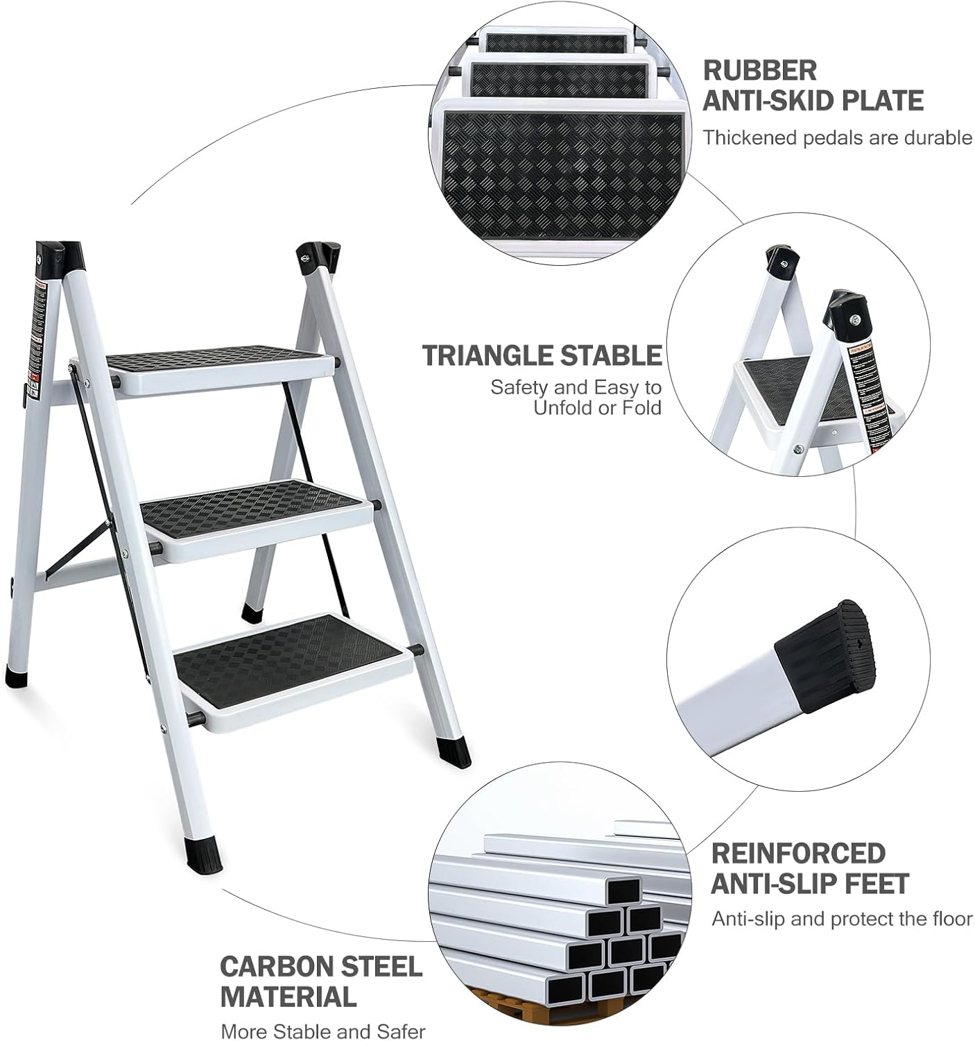 Escalera plegable con pedal antideslizante ancho, escaleras portátiles de acero resistente, ligero para cocina, hogar y oficina (3 escalones)