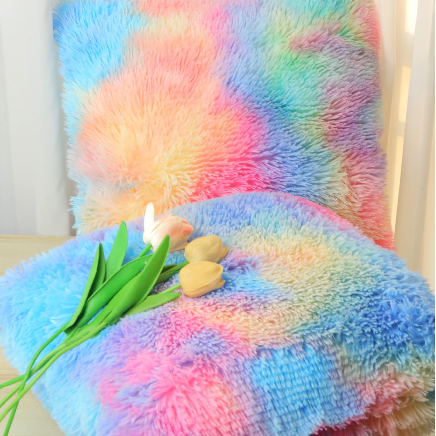 Almohadas esponjosas para decoración de habitación de niña para cama, funda de almohada suave de piel sintética para sofá rosa arcoíris, juego de 2