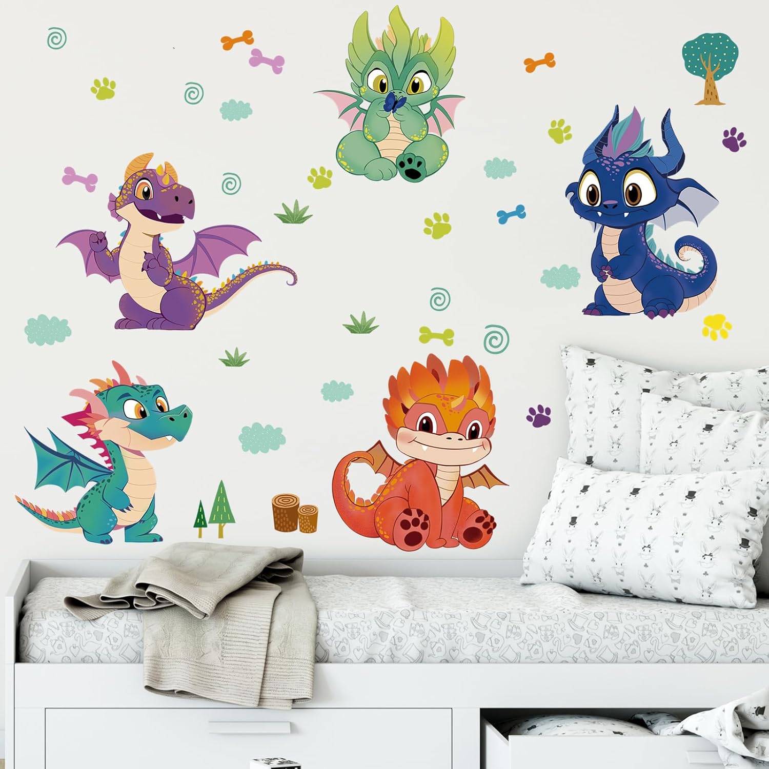 Calcomanías de pared de dragones de dibujos animados, calcomanías de pared de dinosaurio para niños y bebés, removibles para despegar y pegar, arte