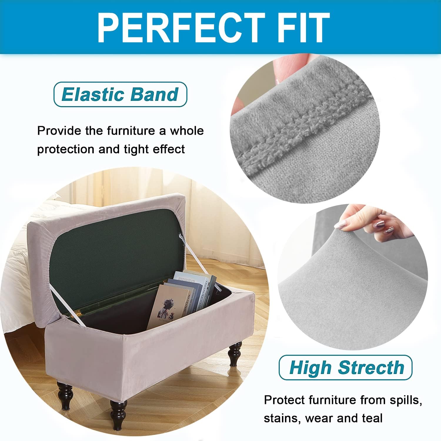 Funda otomana de almacenamiento, funda rectangular de terciopelo elástico para banco de almacenamiento, fundas otomanas de jacquard de punto, funda