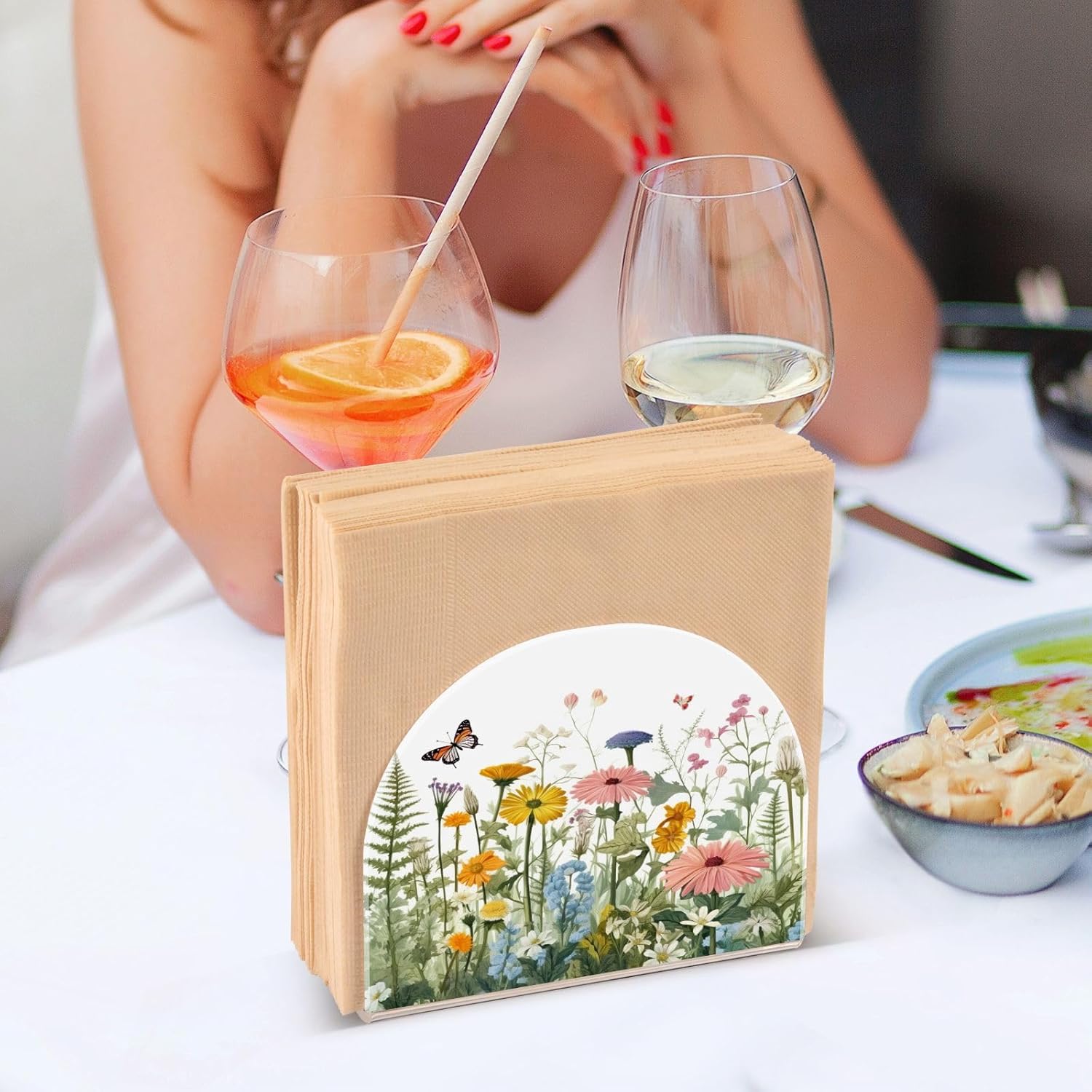 Napkin Holder Vivid Flowers and Butterfly Napkin Holders for Tables, Clear Acrylic Napkin Holders Cocktail Napkin Holder for Kitchen Restaurant Bar
