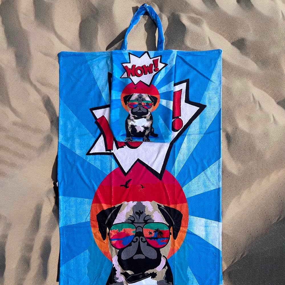 Akay Tekstil Toalla de playa y bolsa de playa con diseño de perro, toalla de baño, colores glamorosos con un diseño único, extra grande (30 x 60