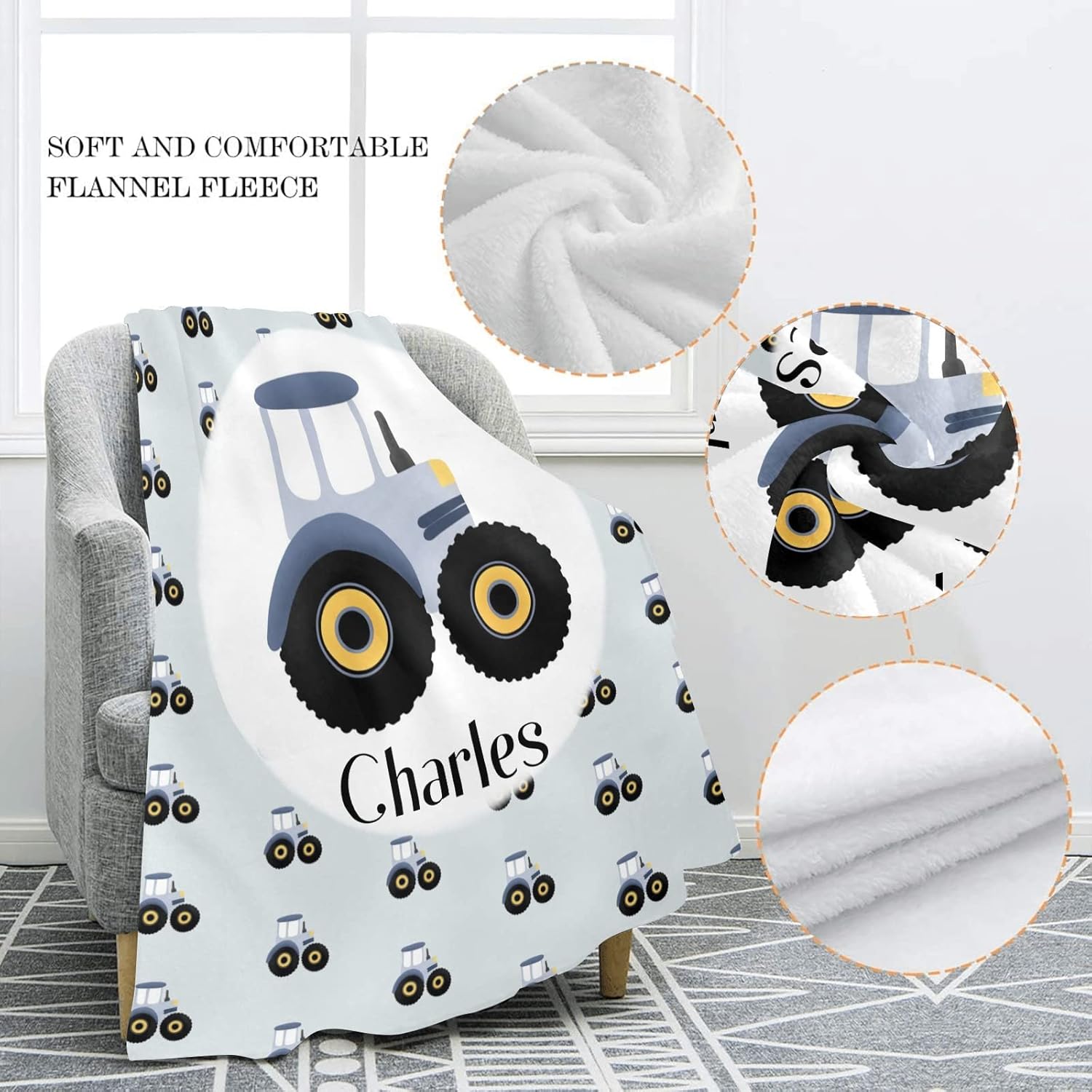 Manta personalizada con patrón de tractores con nombre, manta de forro polar suave para hombres y mujeres, regalo de cumpleaños, boda, 50 x 60