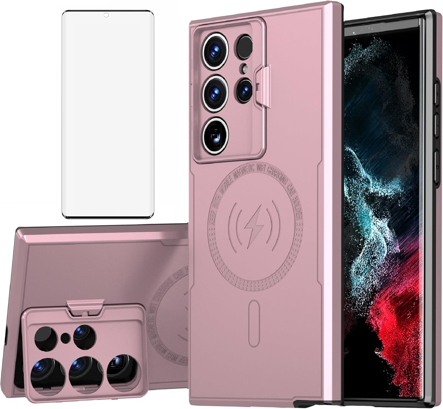 Asuwish Funda de teléfono para Samsung Galaxy S22 Ultra 5G con protector de pantalla de vidrio templado y soporte delgado, accesorios móviles