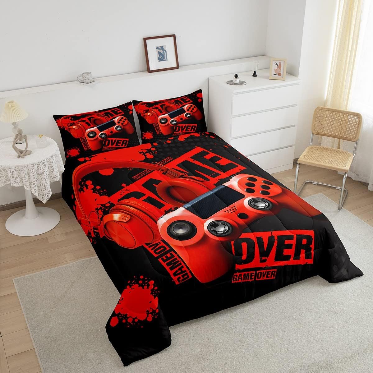 Juego de edredón de videojuegos para niños, tamaño individual, color rojo y negro, juego de ropa de cama de videojuegos para niños, niñas y