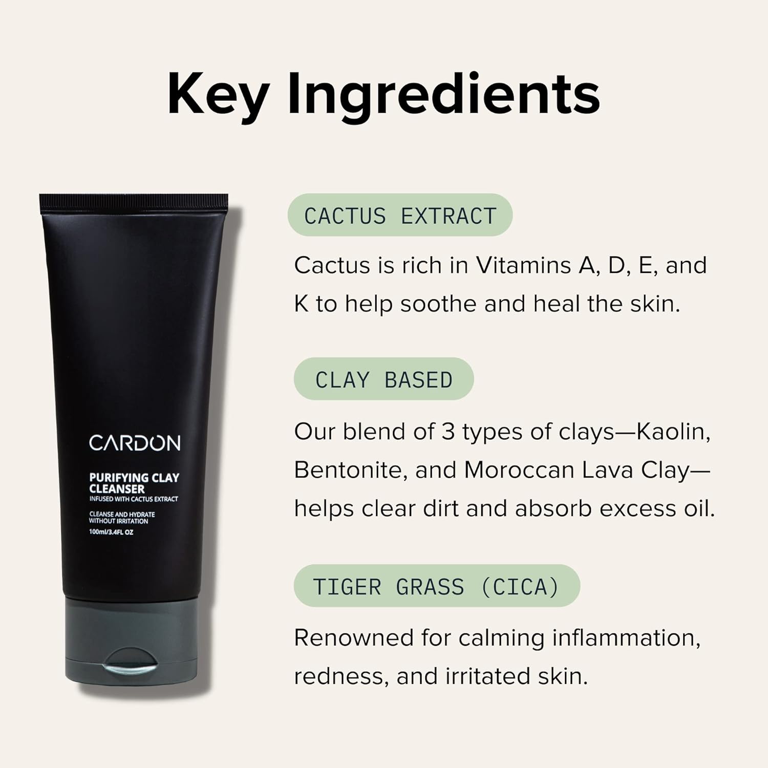 Cardon Lavado facial de arcilla de limpieza profunda de poros para hombre, 4 veces mejor que el carbón, piel grasa, propensa al acné, cuidado de la