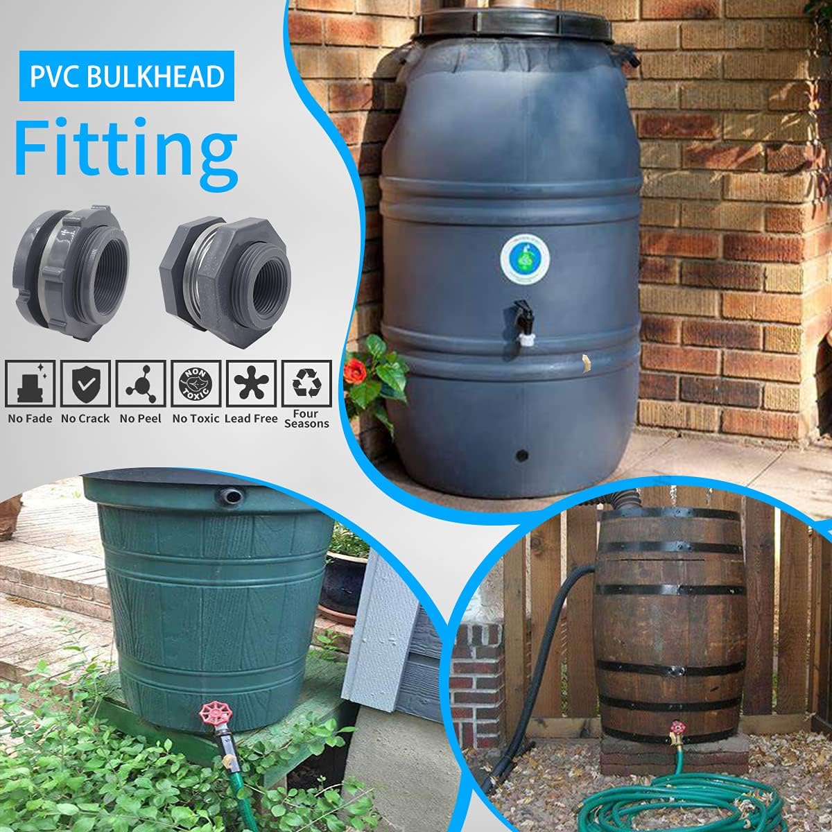 NPT2 – Adaptador de mamparo de PVC, conector de tubo de plástico para barril de lluvia, adaptador de manguera de jardín, kit de espiga, tanque de