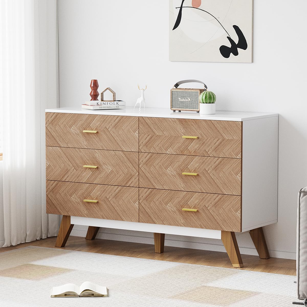 KOZIDO Cómoda de madera con 6 cajones profundos, 6 cómodas dobles, armario de almacenamiento moderno para dormitorio, sala de estar, pasillo,