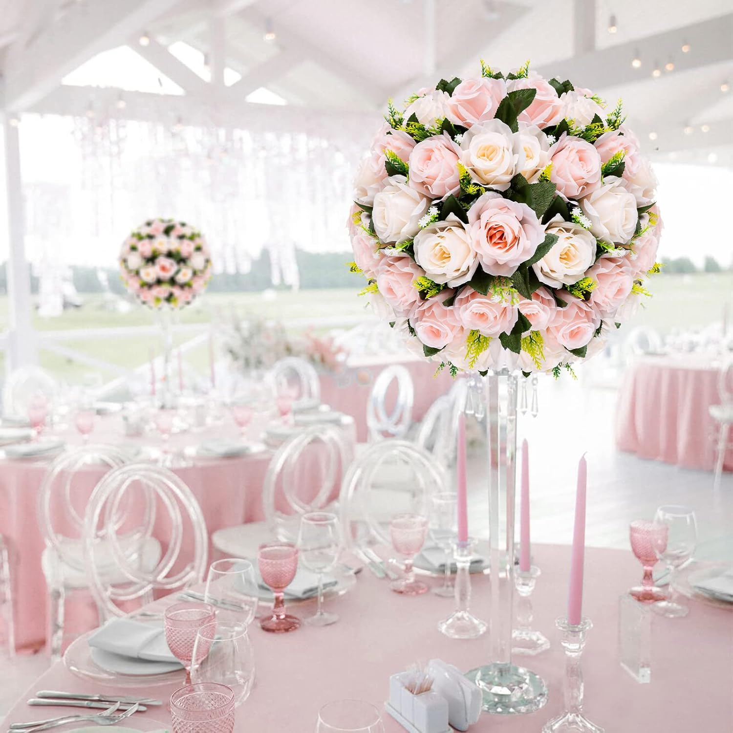 BLOSMON Centros de mesa de bola de flores falsas, 2 piezas de flores artificiales de 13.7 pulgadas, gran rubor y rosa blanca crema, arreglo central
