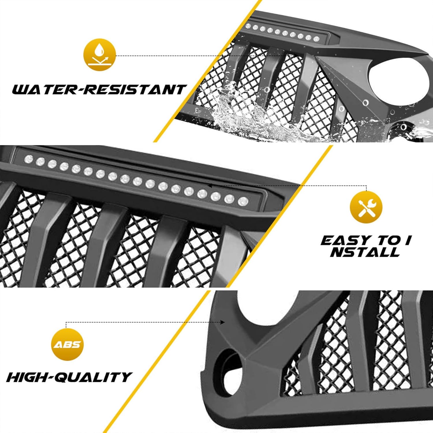 Cubierta de rejilla delantera con luces todoterreno compatible con Jeep Wrangler 2007 a 2018, JKJKU, Rubicon y Sahara Sport, negro mate