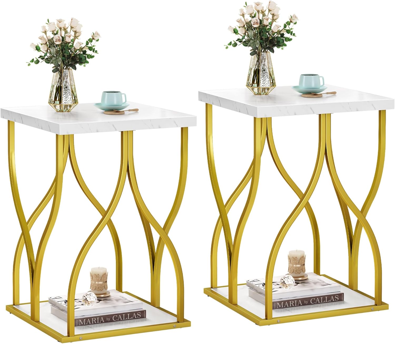 YITAHOME Mesa auxiliar para sala de estar, moderna mesa auxiliar de mármol dorado con estante de almacenamiento de 2 niveles, mesa de centro