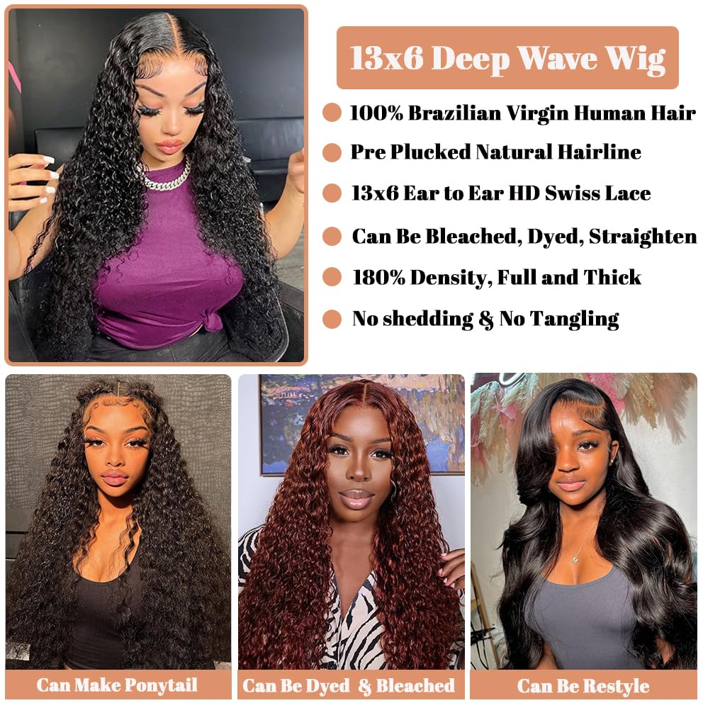 Pelucas de cabello humano ondulado profundo con encaje frontal transparente de 13 x 6 pulgadas, para mujeres negras, pelucas rizadas sin pegamento,
