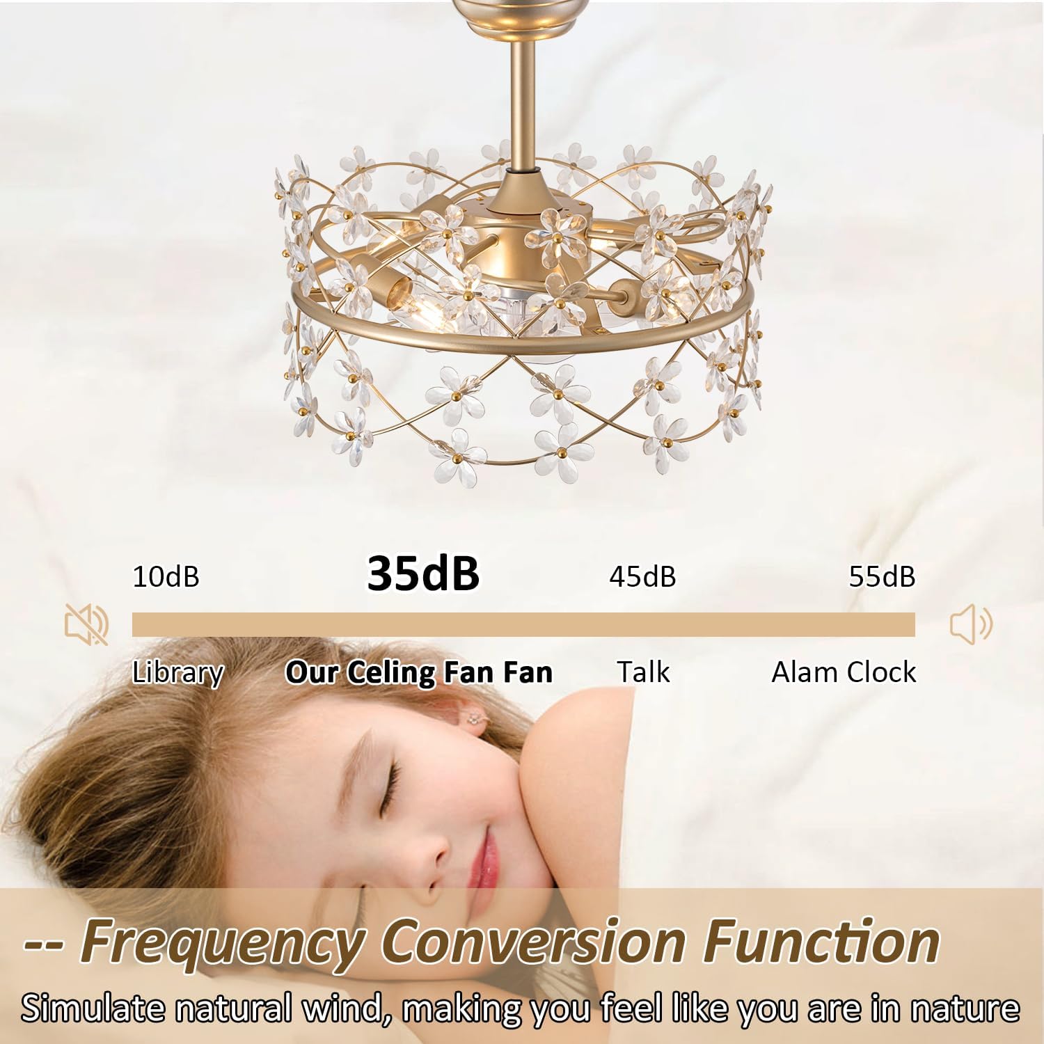 Ventilador de techo enjaulado dorado de 20 pulgadas con luz, ventilador de techo de araña de flores con control remoto de luces, lámpara de cristal