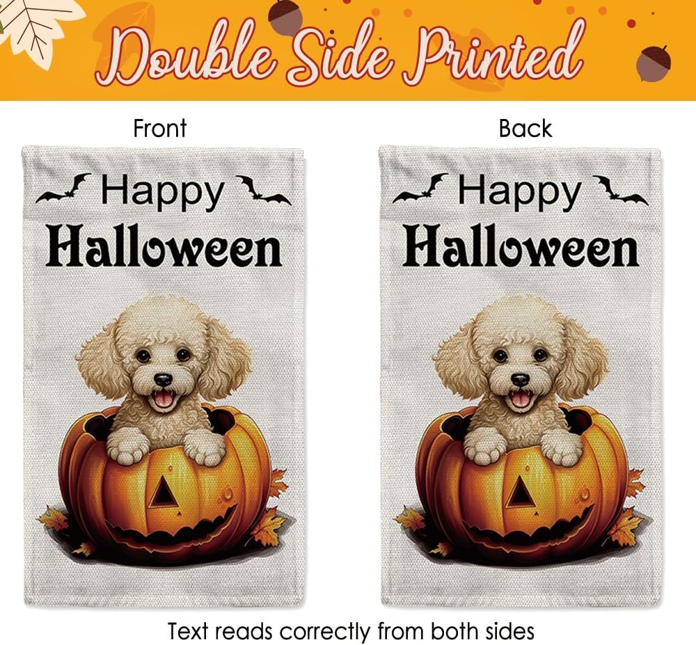 KafePross Bandera de jardín de perro Shih Tzu de Halloween de 12.5 x 18 pulgadas, vertical de doble cara con diseño de calabaza de Feliz Halloween,