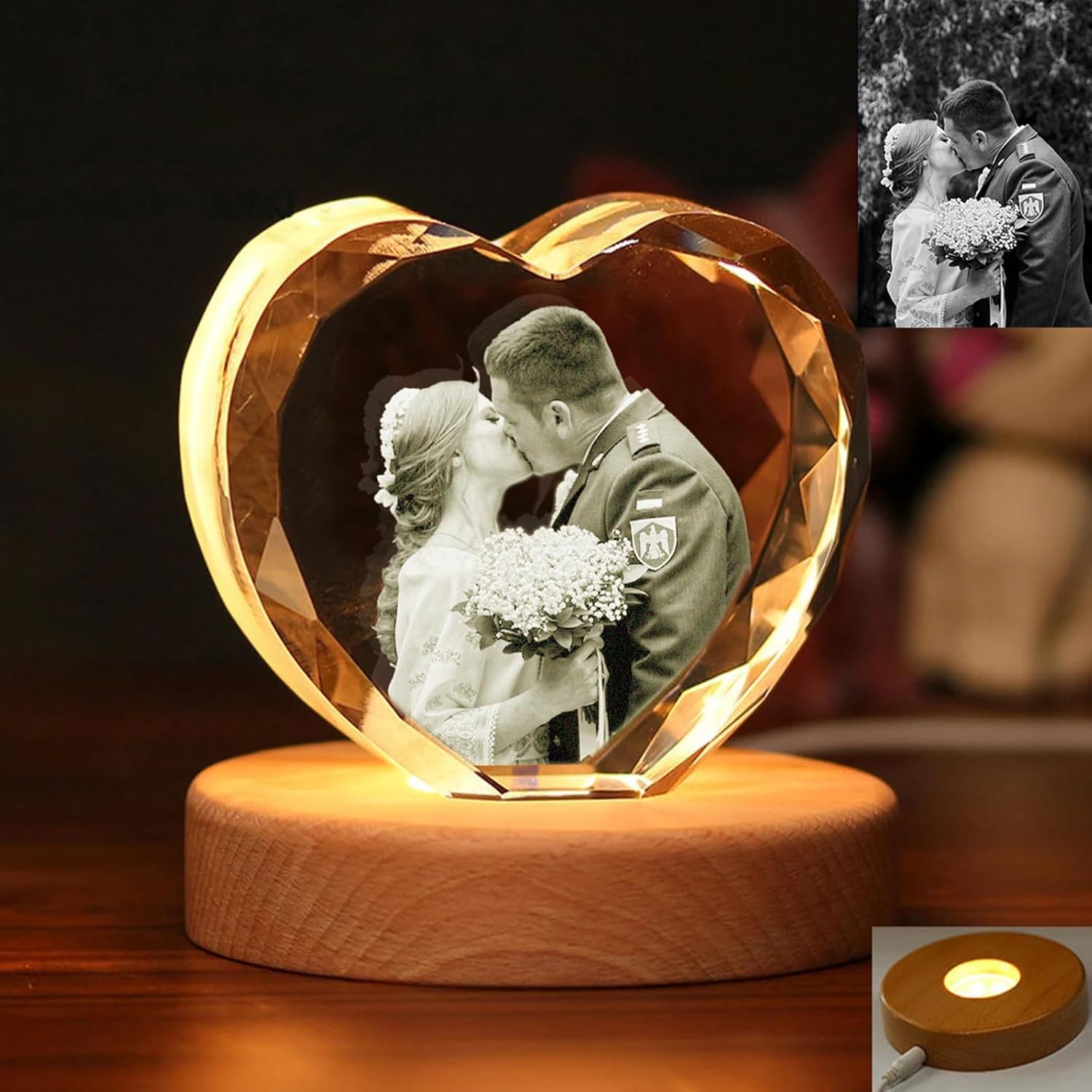 Gypsophila Foto de cristal 3D, con forma de corazón, foto holográfica 3D personalizada grabada dentro del cristal con tu propia imagen, regalos