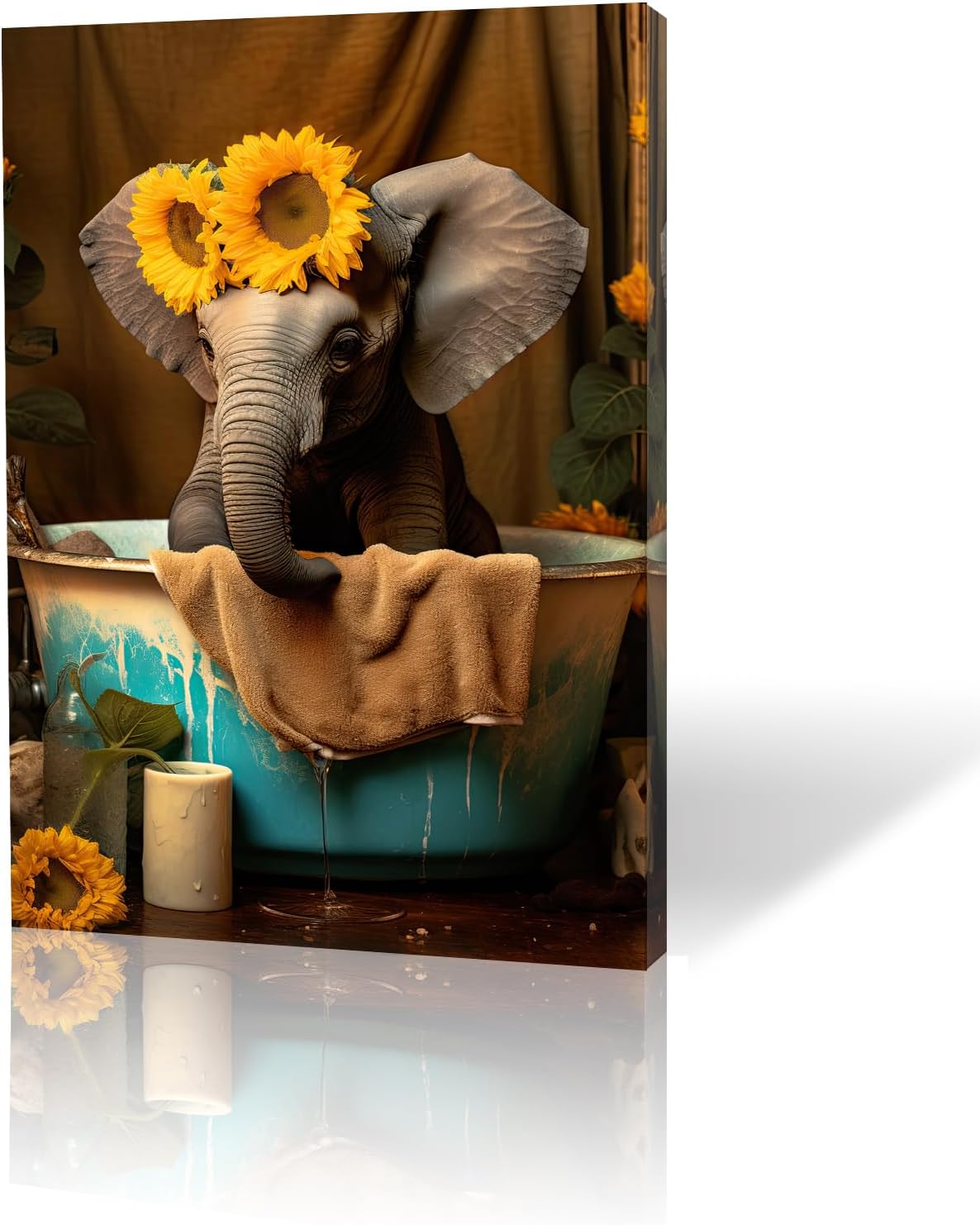 MOSTUNNA Creativity – Lienzo decorativo para baño, diseño de animales, divertido elefante y girasol amarillo en la bañera, decoración de pared,