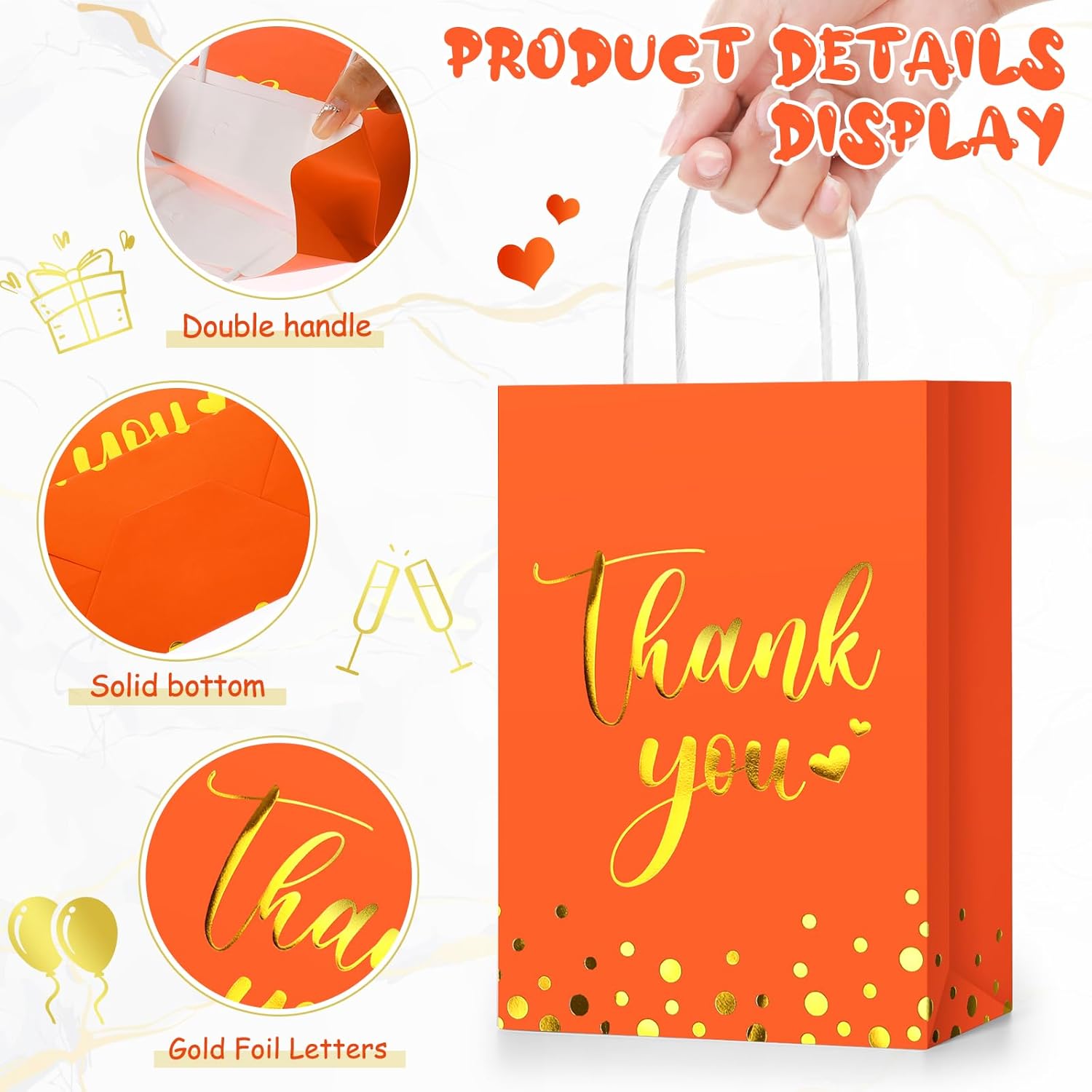 30 bolsas de regalo de agradecimiento con papel de seda dorado con asa para negocios, compras, bodas, baby shower, recuerdos de fiesta (naranja)