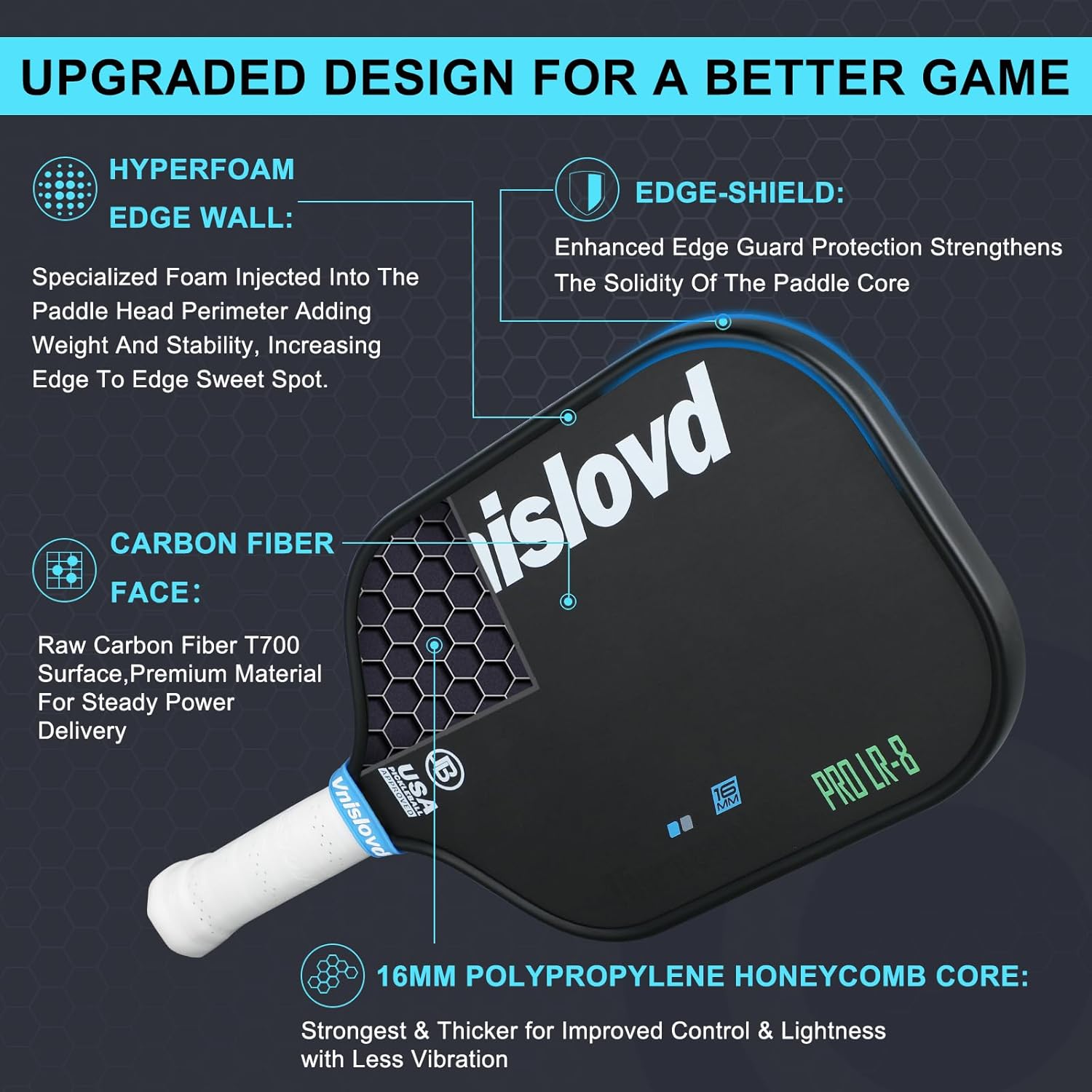 Vnislovd T700 – Paleta de pickleball de fibra de carbono cruda termoformada Unibody Pickleball con espuma inyectada CFS, agarre de 4.13 pulgadas
