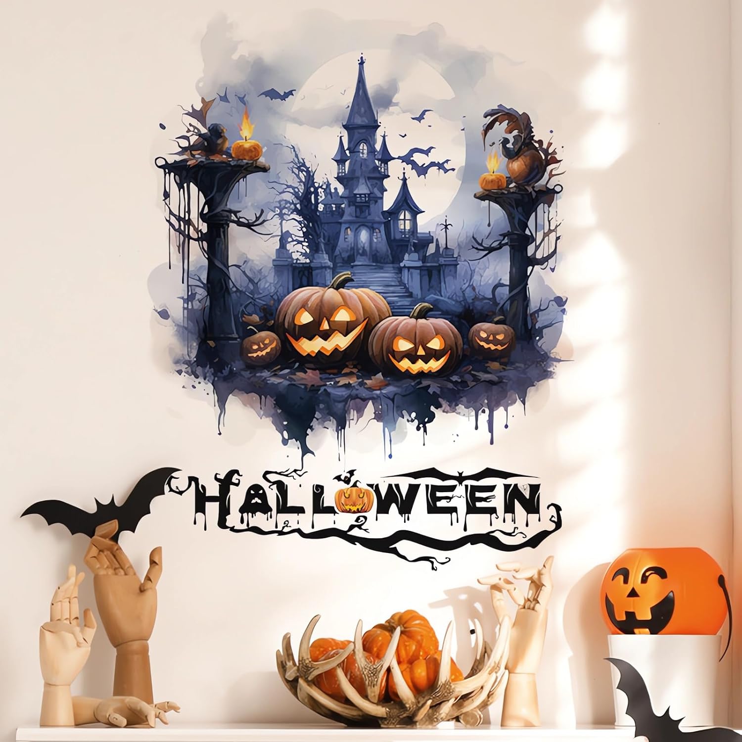 Calcomanías de pared de monstruo de calabaza de Halloween, castillo espeluznante, calcomanías de pared de fantasmas de terror de Halloween, vinilo