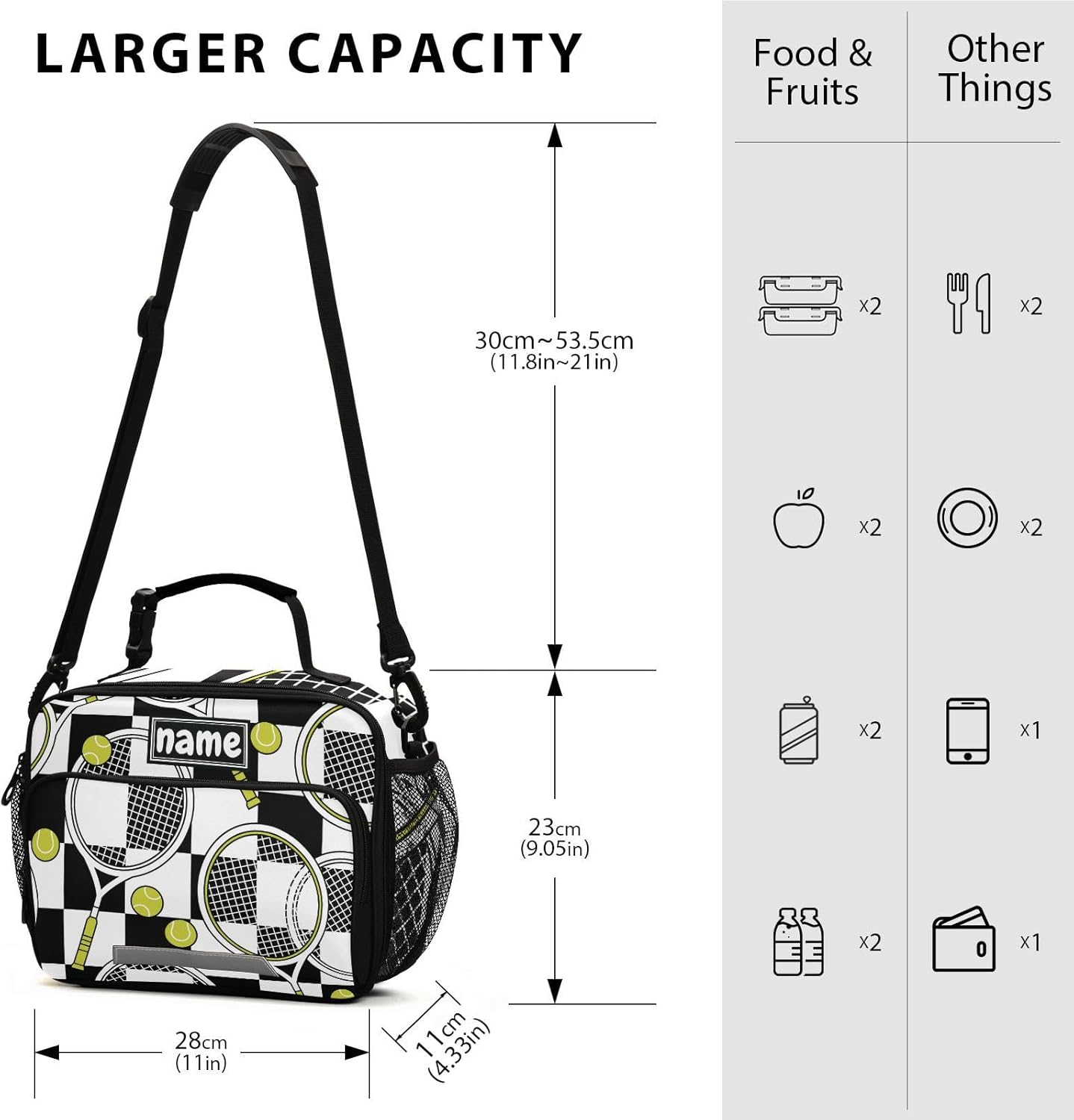Pelotas de tenis personalizadas, bolsa de almuerzo a cuadros en blanco y negro para niños y niñas, bolsas de almuerzo personalizadas con tu nombre,