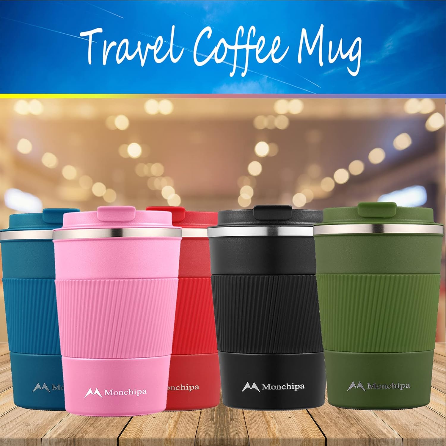 Taza de café de viaje, 12 onzas, tazas de café de acero inoxidable, termo de doble pared con tapa de rosca, a prueba de derrames, taza aislada