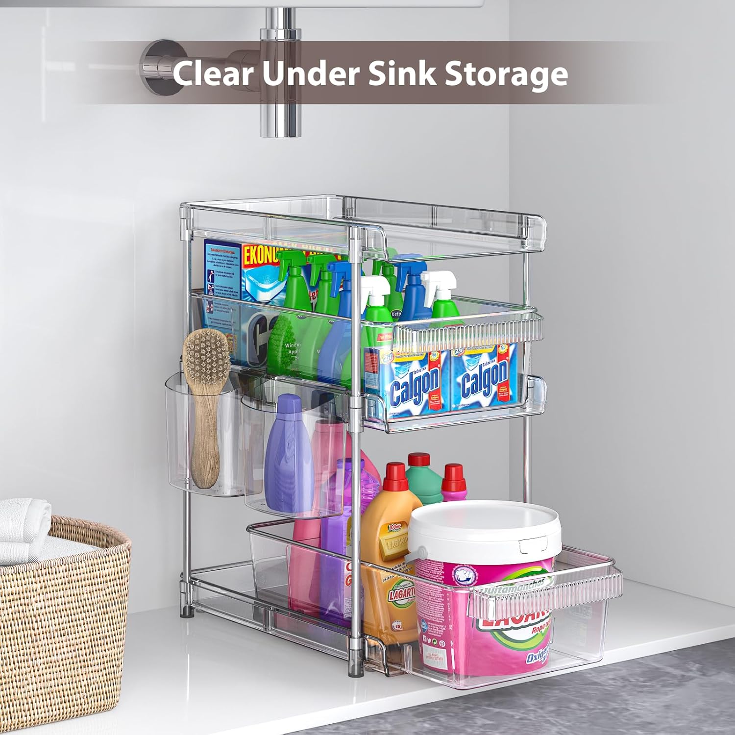 Organizadores de baño transparentes de 3 niveles, organizador extraíble y almacenamiento con 2 tazas, contenedor de almacenamiento deslizante con 6