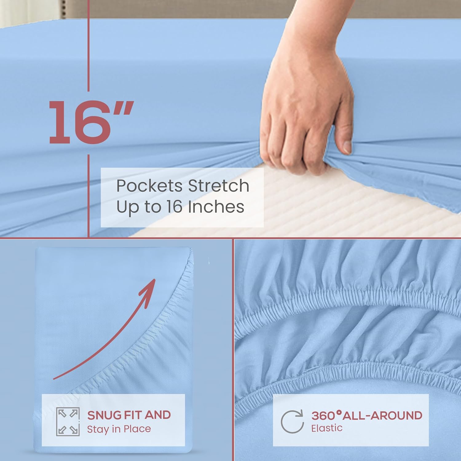 Superity Linen Sábana bajera ajustable de algodón que absorbe la humedad para un sueño transpirable, seco y cómodo. 200 hilos (azul)