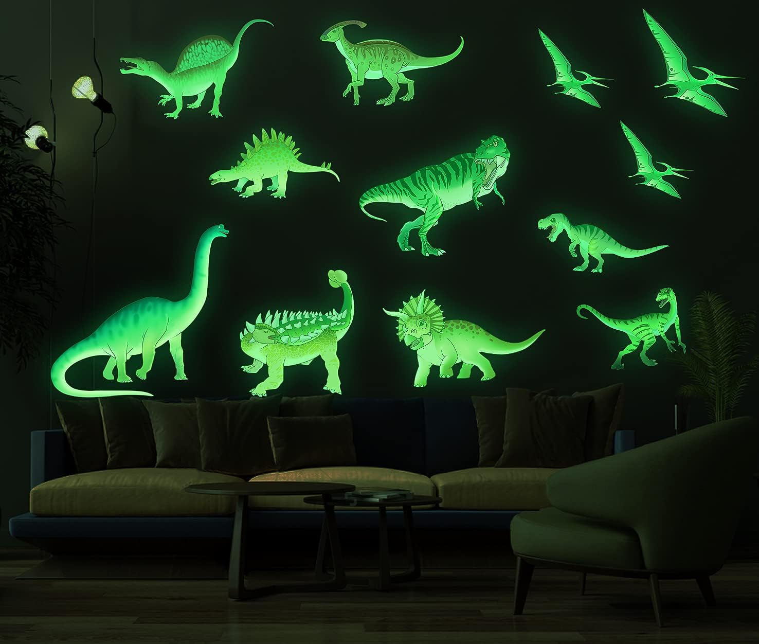 MESU Calcomanías de dinosaurio que brillan en la oscuridad, calcomanías de pared luminosas para decoración de techo para habitación de niños,