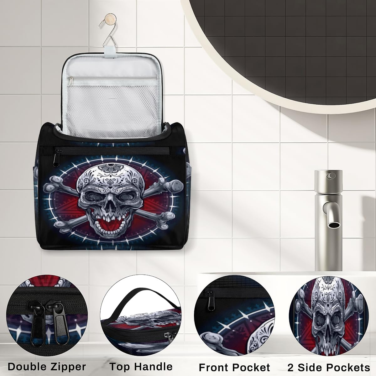 Skull Classic Decor Toiletry Bag for Women Travel Makeup Organizer with Hanging Hook Traveling Cosmetic Bags for Toiletries Accessories