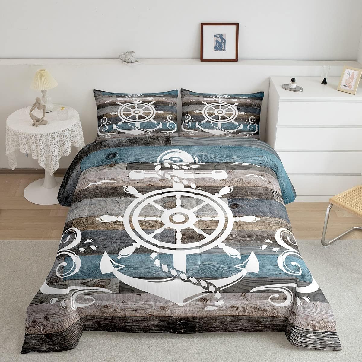 Erosebridal Juego de edredón de ancla náutica, juego de ropa de cama con brújula oceánica, tamaño individual para niños, adolescentes y adultos,