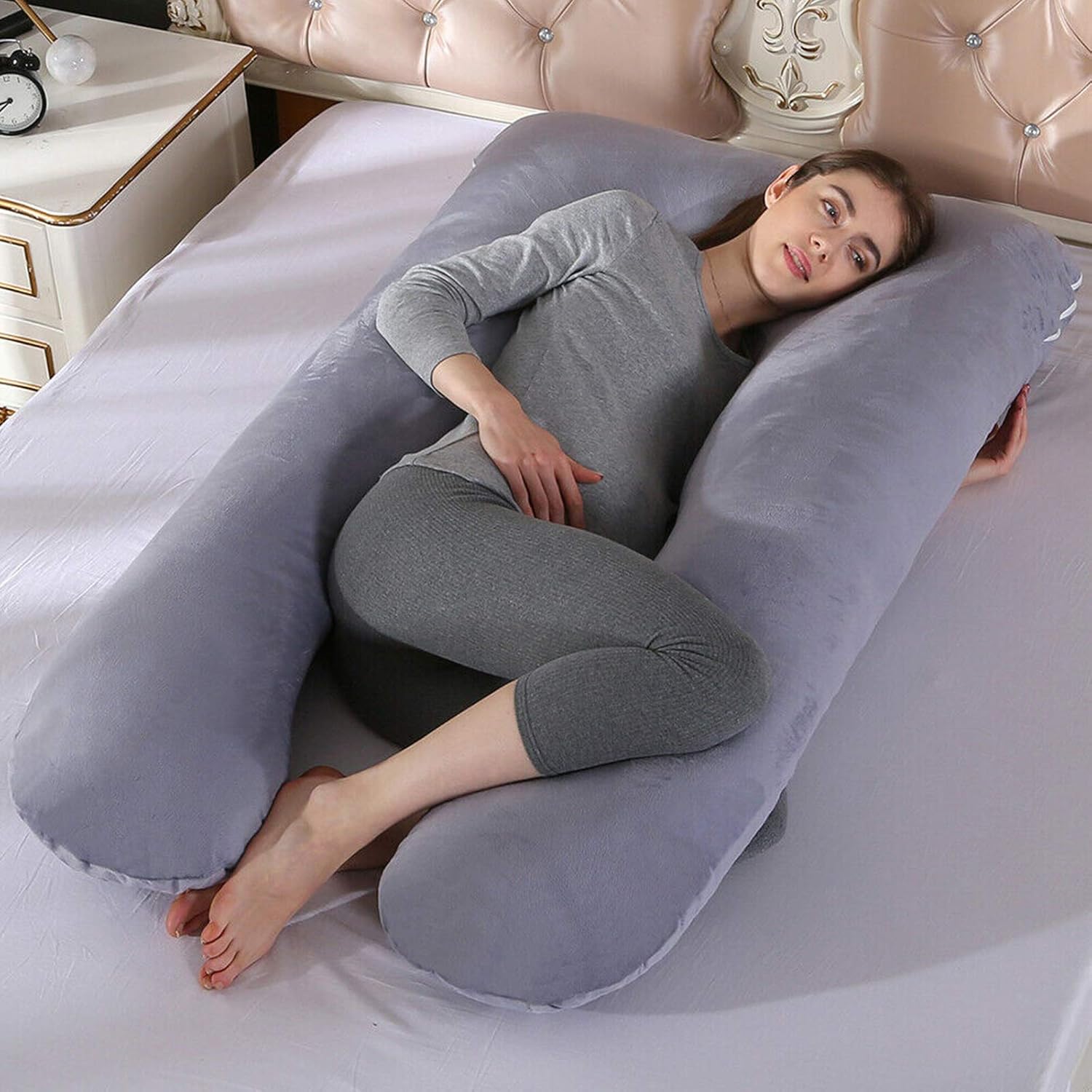 Almohada de embarazo de 51 pulgadas, almohada de cuerpo completo en forma de U de tamaño pequeño con funda de almohada de terciopelo lavable,