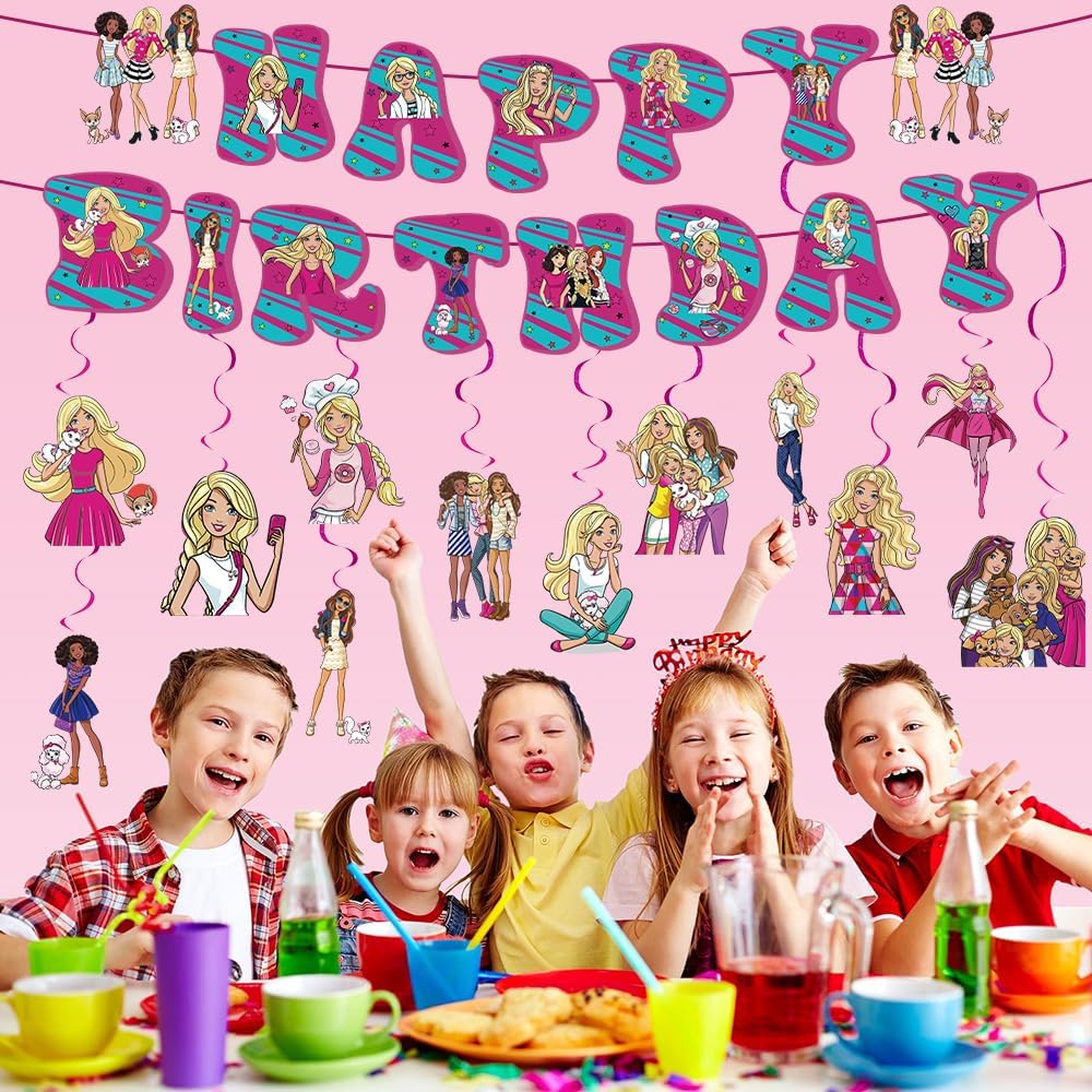 Suministros de fiesta de cumpleaños de ensueño para niñas, pancarta rosa de feliz cumpleaños con 12 espirales colgantes, decoraciones de fiesta rosa