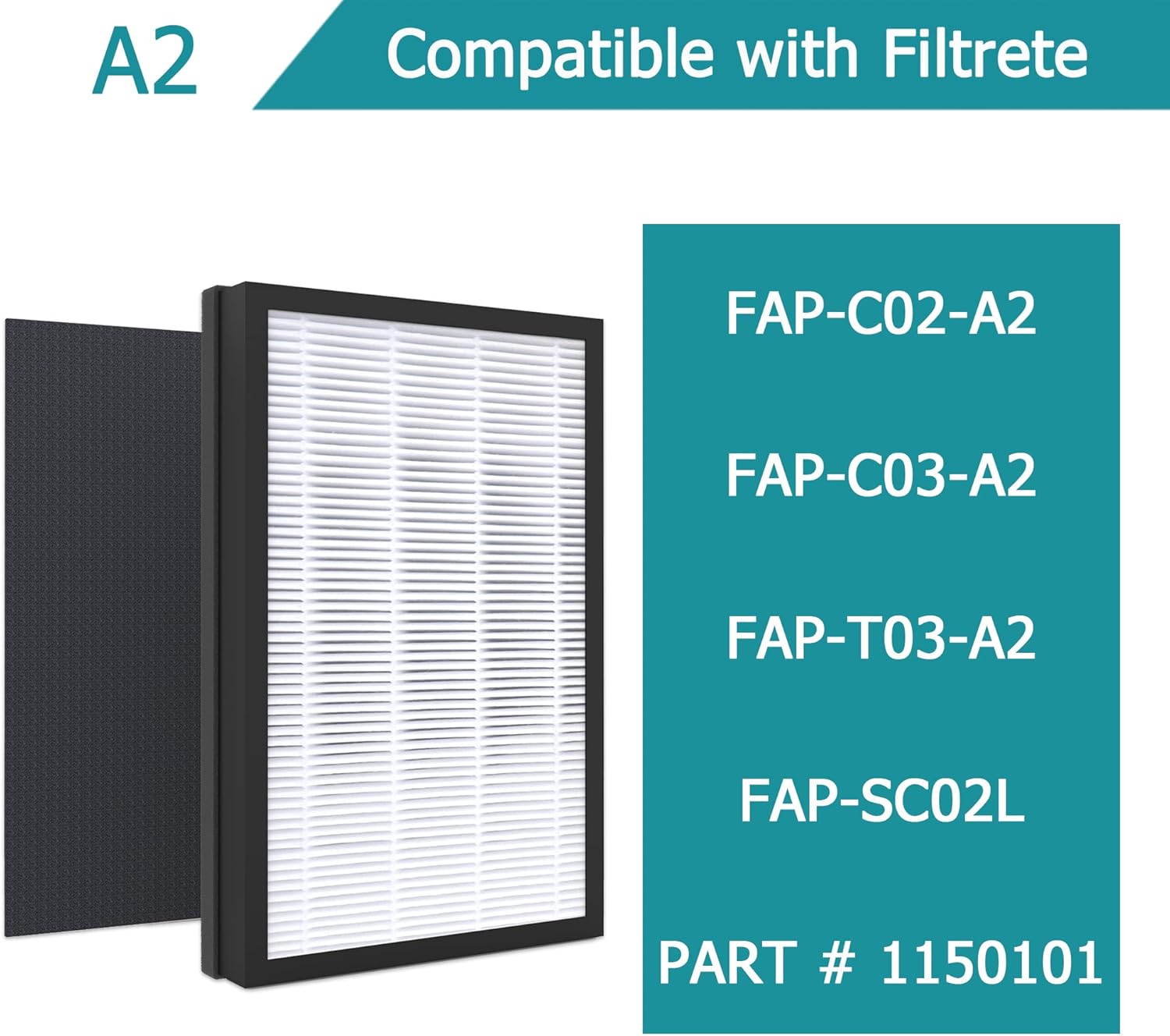 Paquete de 2 filtros de repuesto A2 H13 True HEPA compatibles con purificador de aire de habitación Filtrete 3M A2 FAP-C02-A2, FAP-C03-A2,