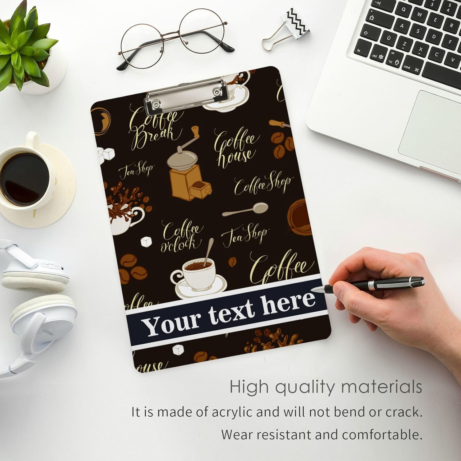 Portapapeles de plástico personalizado para té, café, tamaño carta estándar, cartón personalizado con clip de metal de perfil bajo para colgar,