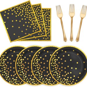 CENLBJ Juego de vajilla de papel negro dorado, 50 platos de postre de papel de 7 pulgadas, servilletas de 6.5 pulgadas y tenedores de plástico de CENLBJ Juego de vajilla de papel negro dorado, 50 platos de postre de papel de 7 pulgadas, servilletas de 6.5 pulgadas y tenedores de plástico de