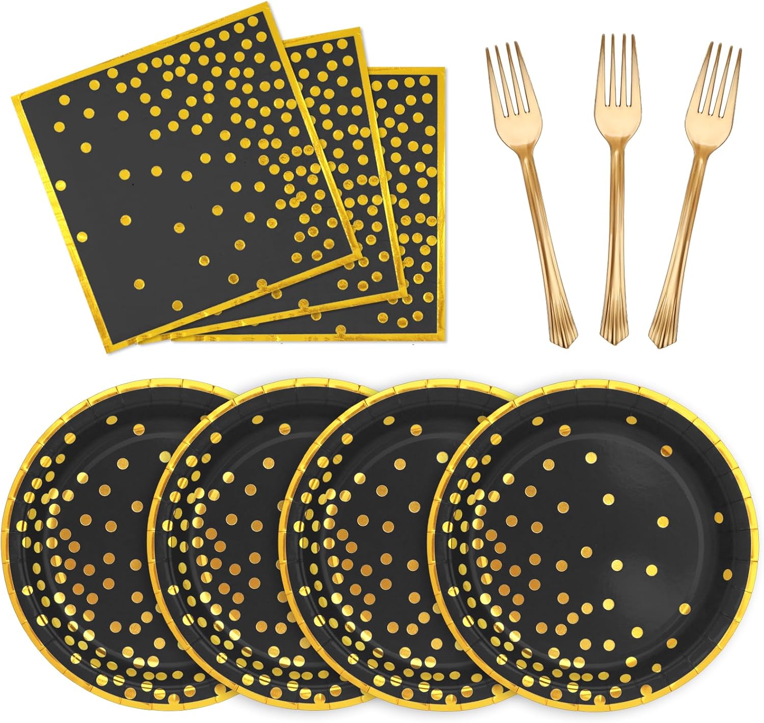 CENLBJ Juego de vajilla de papel negro dorado, 50 platos de postre de papel de 7 pulgadas, servilletas de 6.5 pulgadas y tenedores de plástico de