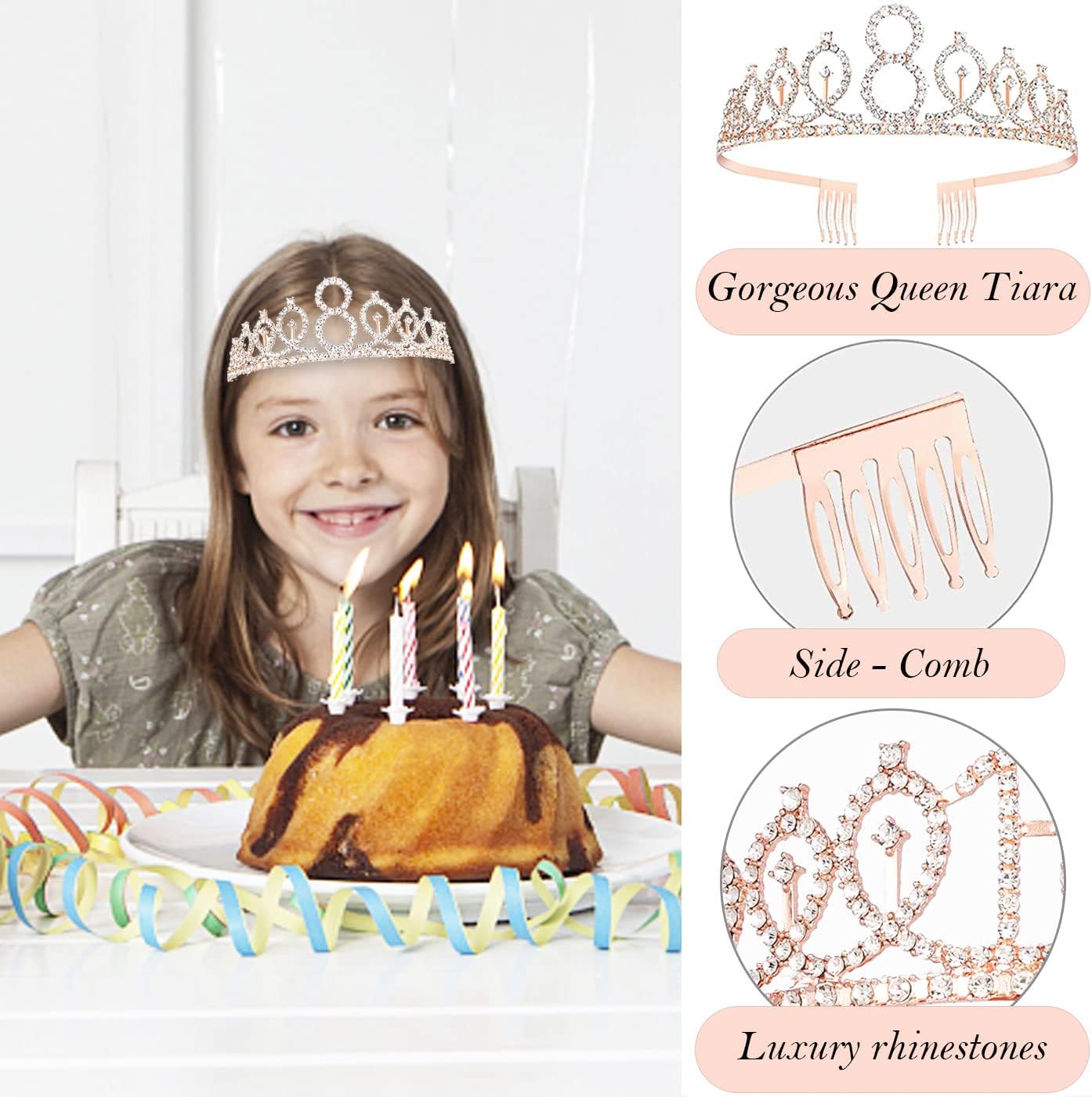 Decoraciones de cumpleaños número 8 para niñas, incluye adorno para pastel de cumpleaños de 8 años, banda de reina de cumpleaños con alfiler de