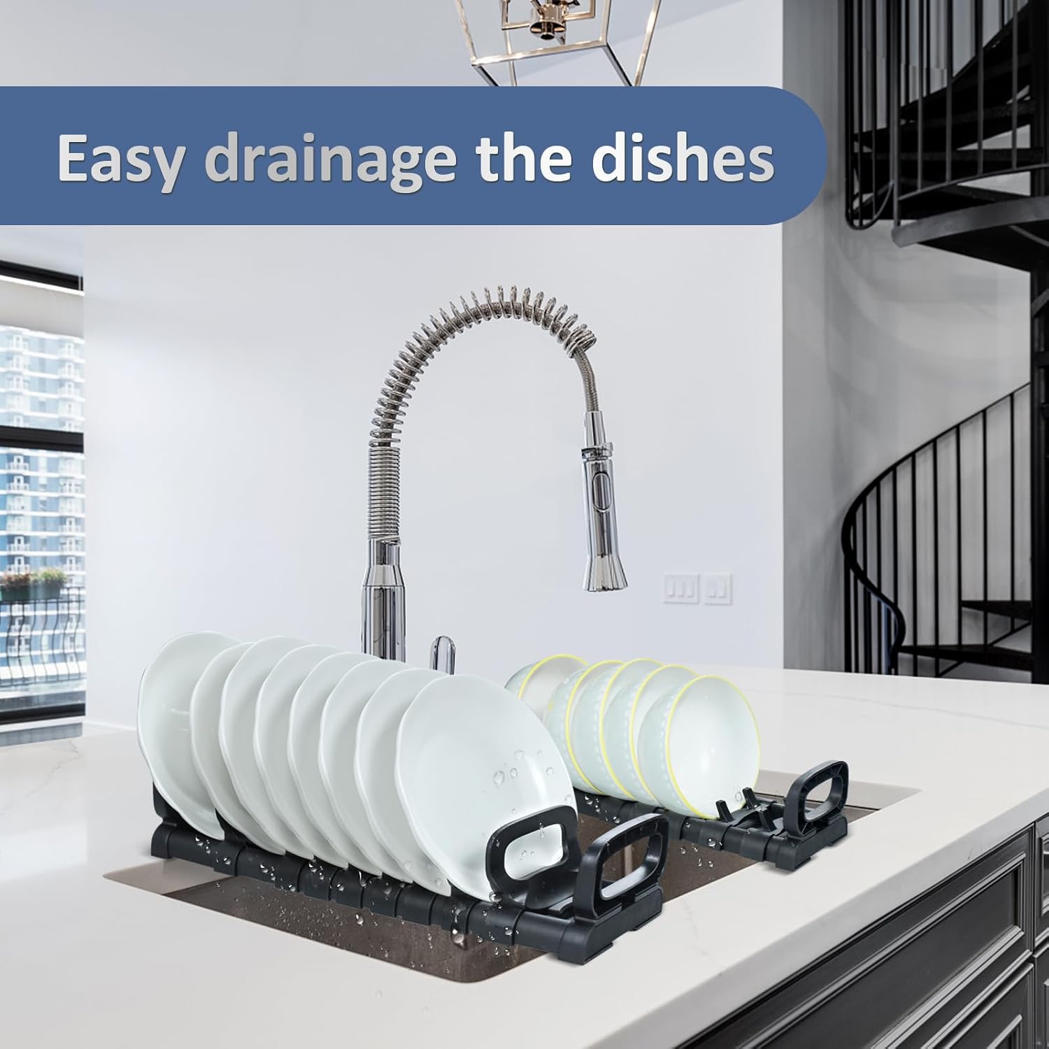 VOISVLRS Escurridor de platos, con 2 asas y 8 soportes ajustables, escurridor de platos para fregadero de cocina