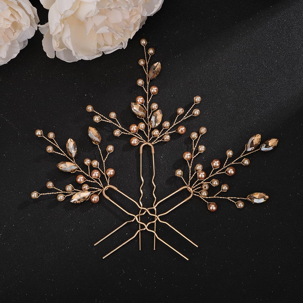 Teyglen Juego de 3 horquillas para el pelo de novia con perlas de cristal, para novia, boda, accesorios para el cabello, hechos a mano, rojo, negro,