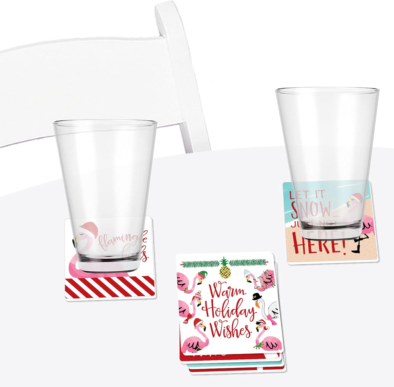 Big Dot of Happiness Flamingle Bells – Divertidas decoraciones tropicales para fiestas de Navidad, posavasos para bebidas, juego de 6