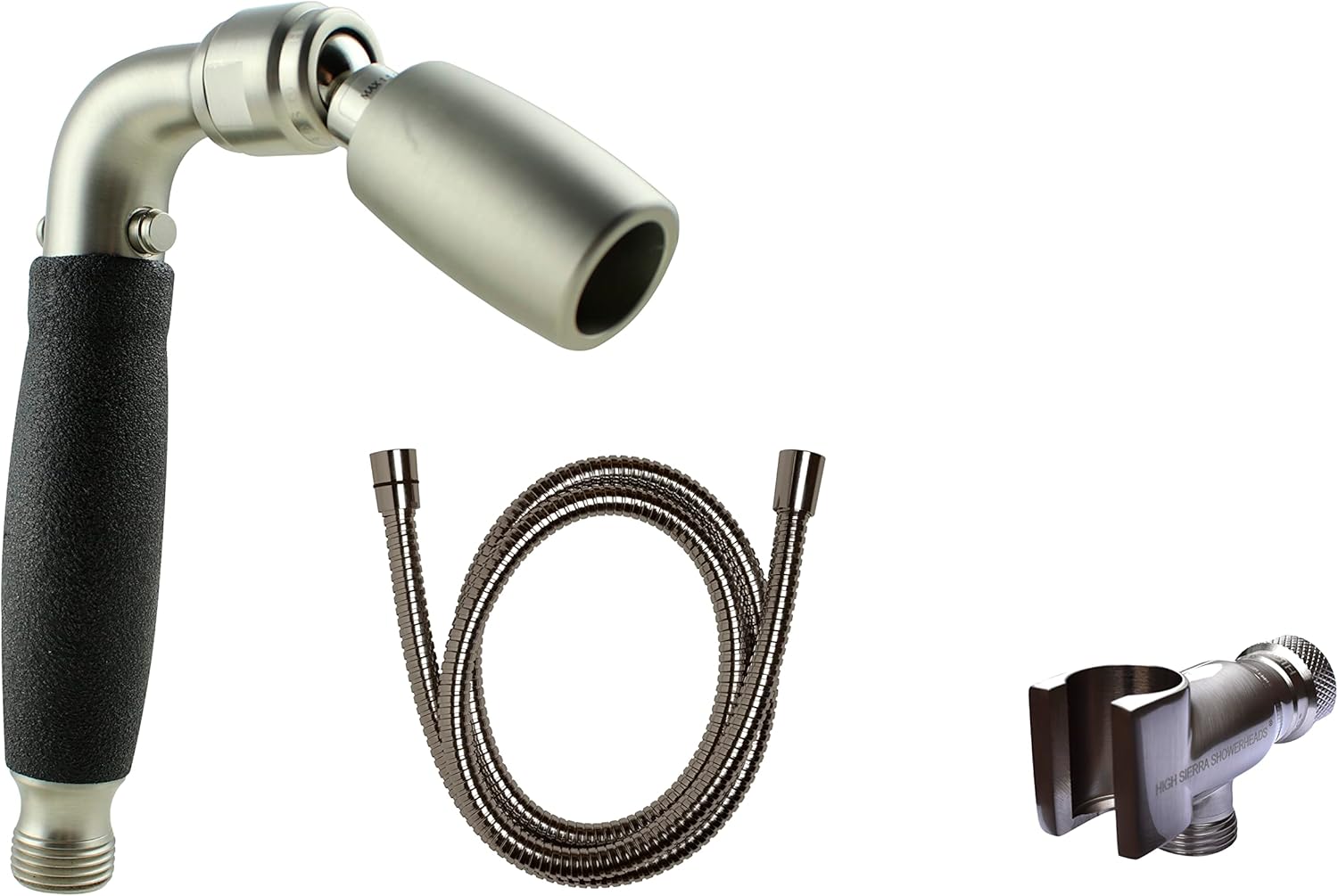 High Sierra – Kit de cabezal de ducha de mano de metal sólido con agarre antideslizante. Incluye cabezal de ducha de mano, válvula de goteo,