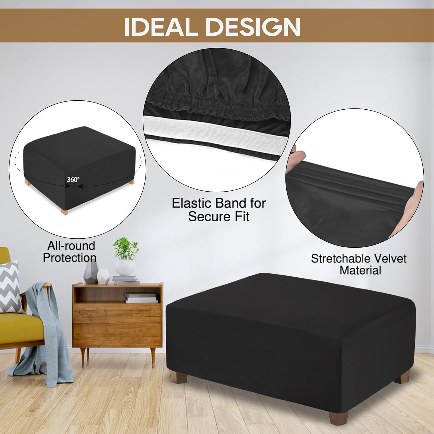 Funda otomana de terciopelo rectangular, funda otomana de almacenamiento, rectangular, gruesa, elástica, con banda elástica (tamaño grande, negro)