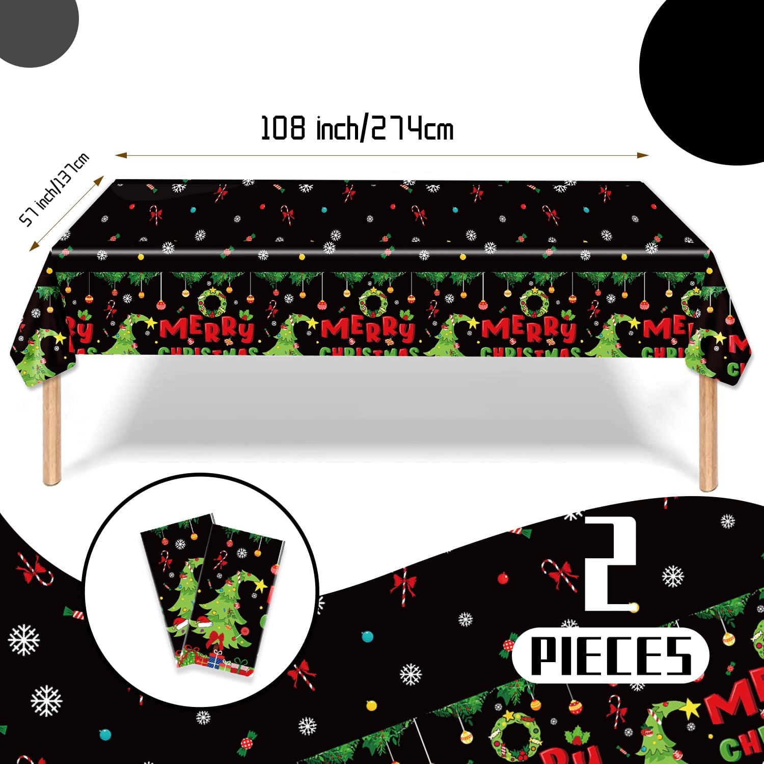 2 manteles desechables de Navidad, 108 x 54 pulgadas, rectangular, de plástico, impermeable, con patrones novedosos, corona de regalo de calcetines