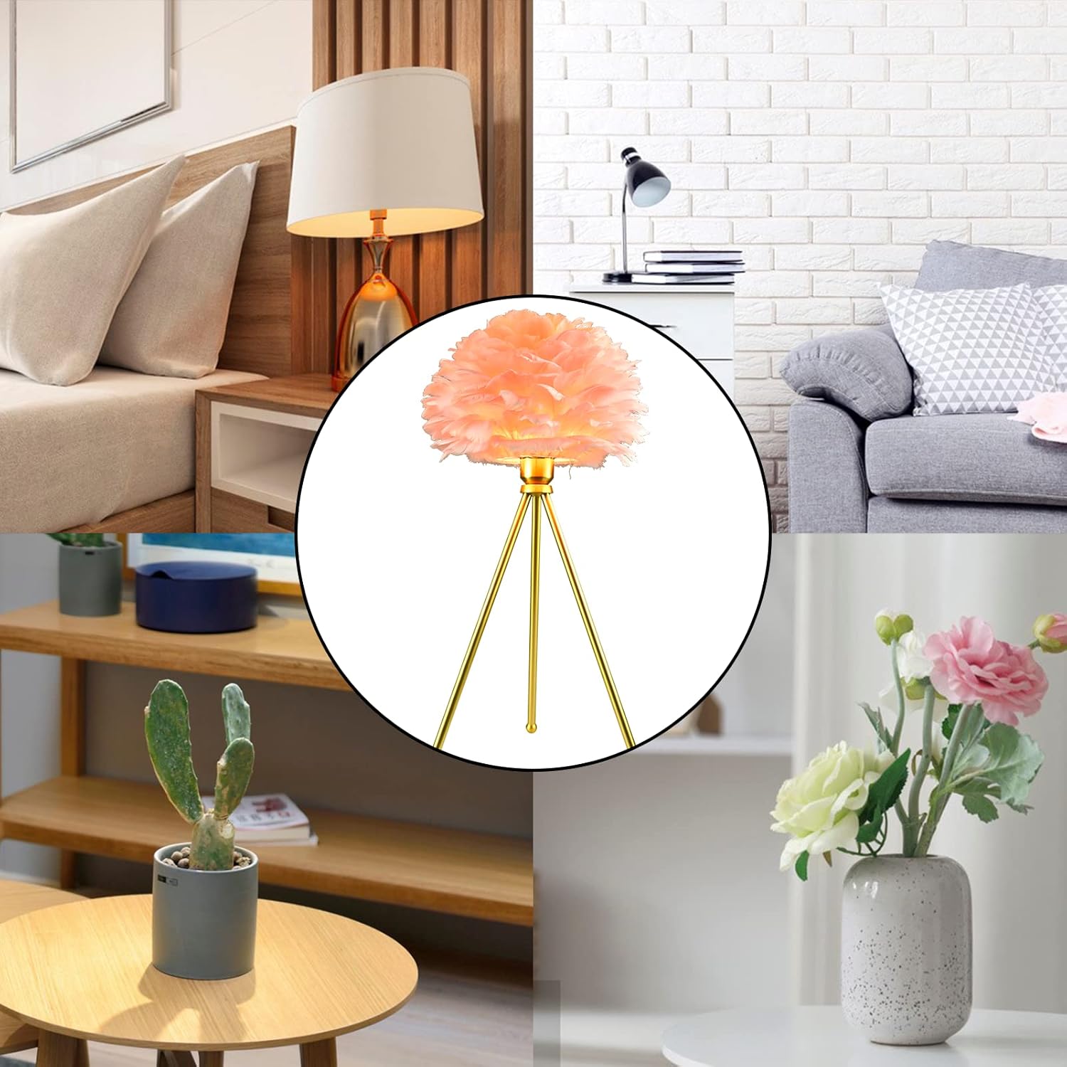 Paquete de 2 lámparas de mesa de plumas, trípode, luces de mesita de noche, lámpara de mesita de noche, elegante lámpara de plumas para dormitorio,