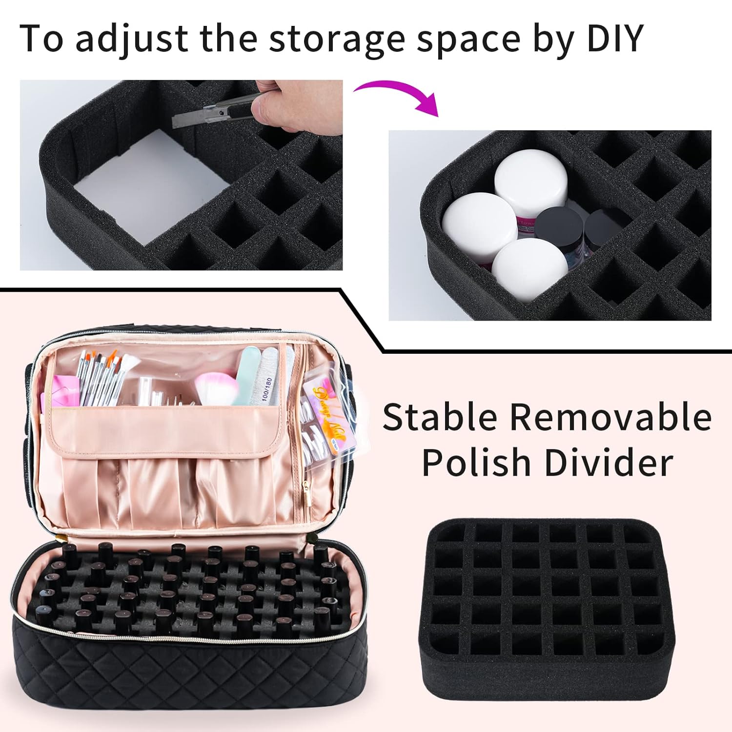 Bolsa organizadora de esmalte de uñas, se adapta a 1 lámpara de uñas y 40 botellas, bonito organizador de uñas con bolsillos laterales para
