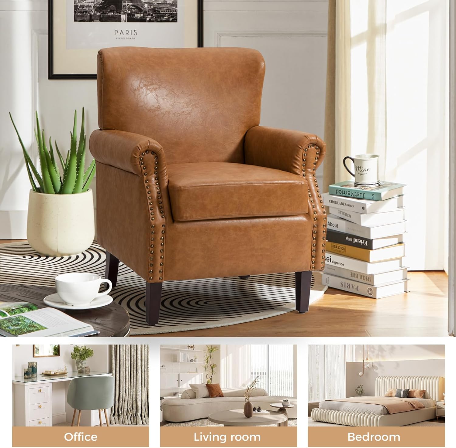 HULALA HOME Silla decorativa de piel sintética con reposabrazos enrollados y ribete de cabeza de clavos, cómodo sillón tapizado para sala de estar