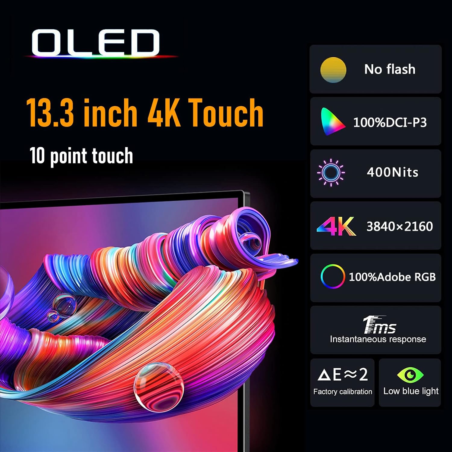 Bimawen Monitor portátil de pantalla táctil OLED 4K de 13.3 pulgadas, monitor de viaje ultra delgado con soporte integrado, 400 liendres, 0.157 in